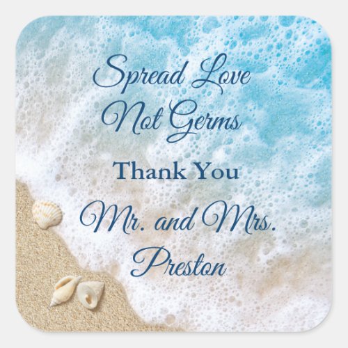 Blue Beach Waves Spread Love Hand Sanitizer Square Sticker