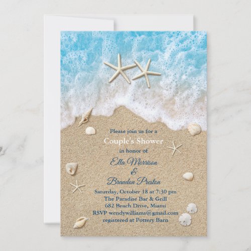 Blue Beach Waves  Starfish Couples Shower Invitation