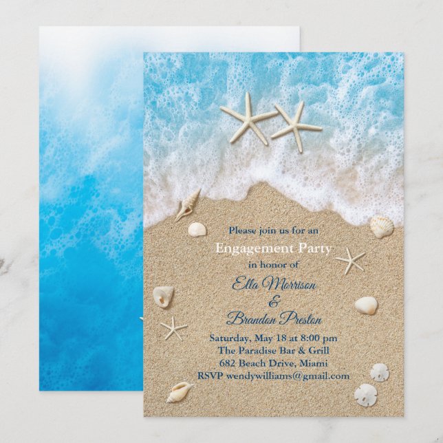 Blue Beach Waves & Starfish Engagement Party Invitation (Front/Back)