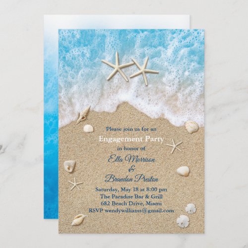 Blue Beach Waves  Starfish Engagement Party Invitation