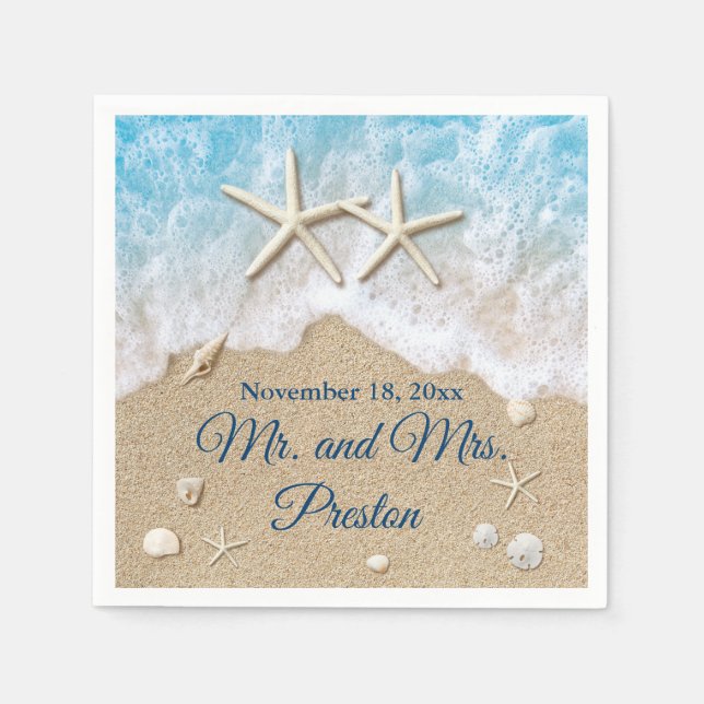 Blue Beach Waves & Starfish Napkins (Front)