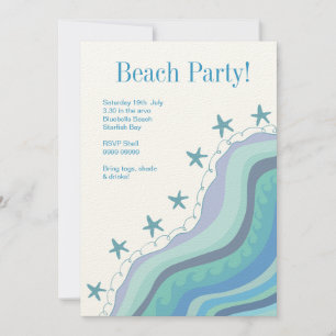 Blue Beach Waves Starfish Summer Party Invitation