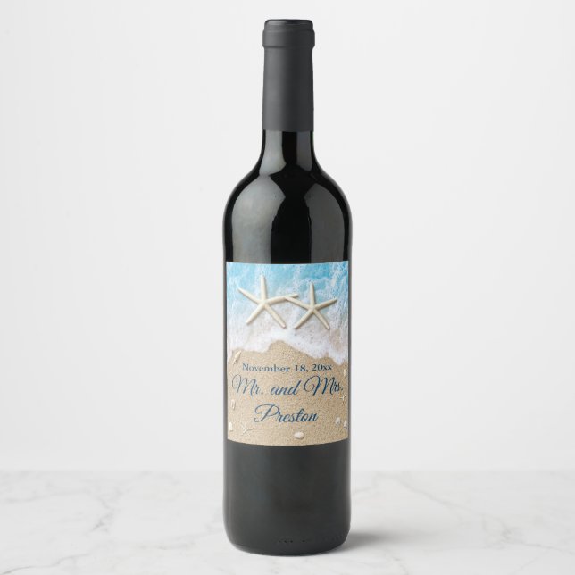 Blue Beach Waves & Starfish Wine Label (Front)