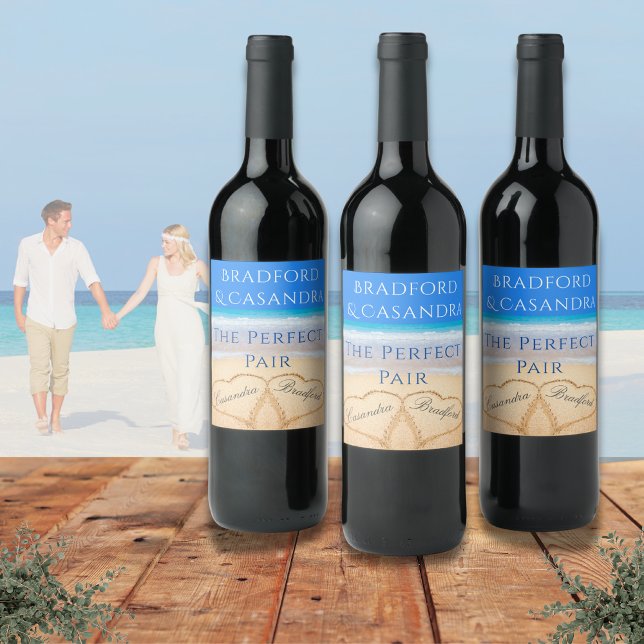  Blue Beach Wedding 2 Hearts in Sand Wine Label (Creator Uploaded)