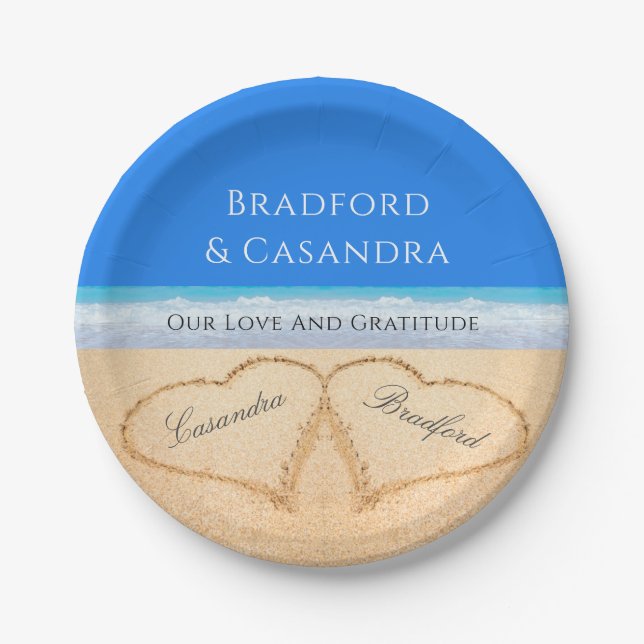  Blue Beach Wedding 2 Hearts in the Sand   Paper Plates (Front)