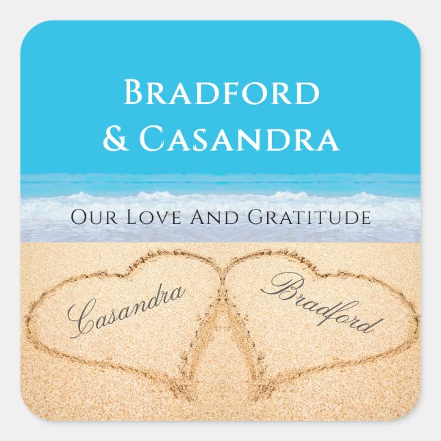  Blue Beach Wedding 2 Hearts in the Sand Stickers  (Front)