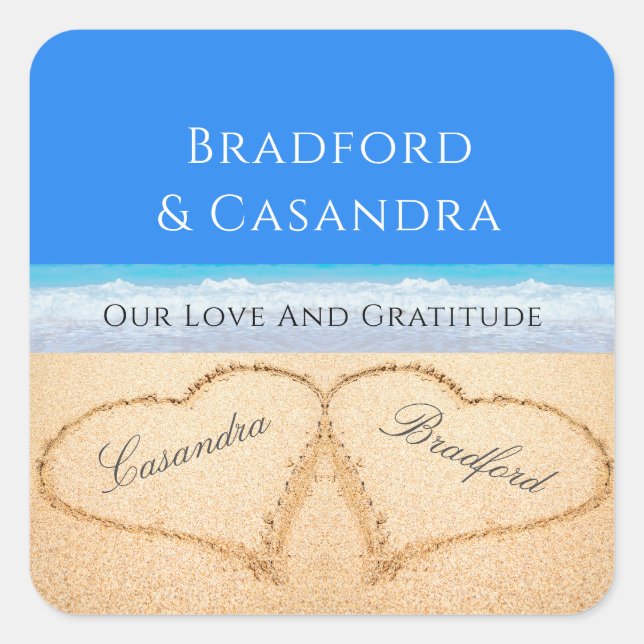  Blue Beach Wedding 2 Hearts in the Sand Stickers  (Front)