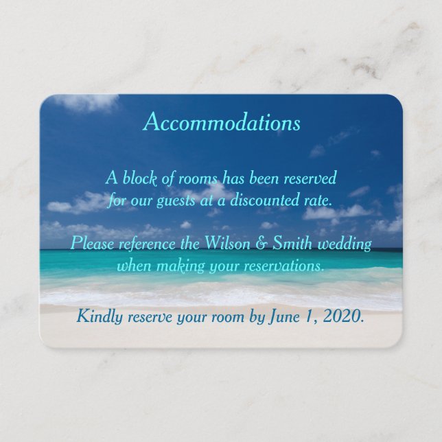 Blue Beach Wedding Accommodations Cards (Front)