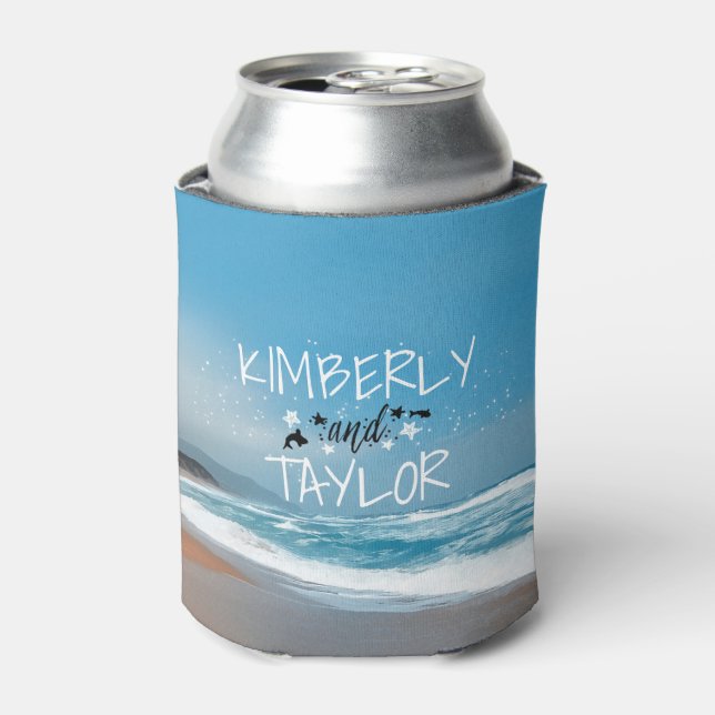 Blue Beach Wedding Can Cooler (Can Front)
