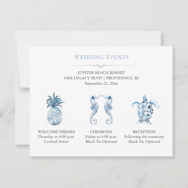 Blue Beach Wedding Event Details with QR Code Invitation (Front)