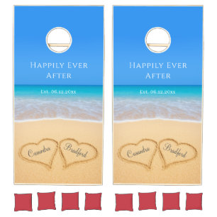 Blue Beach Wedding Hearts Bride Groom Names Cornhole Set