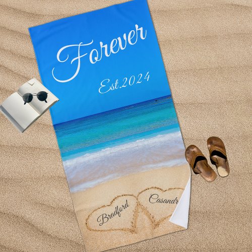 Blue Beach Wedding Hearts in Sand Forever Beach To Beach Towel