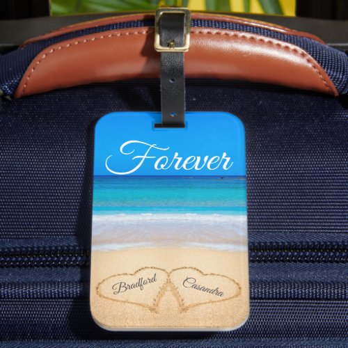 Blue Beach Wedding Hearts in Sand Forever Beach To Luggage Tag