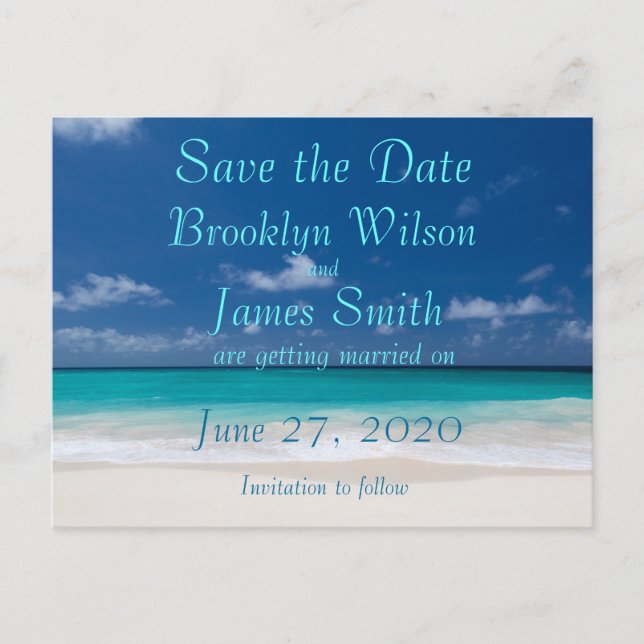 Blue Beach Wedding Save The Date Postcard (Front)