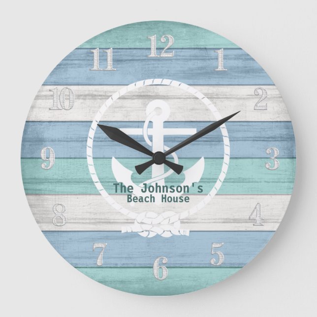 Blue Beach Wood Nautical Stripes & Anchor  Large C Clock (Front)