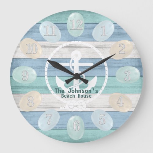 Blue Beach Wood Sea Glass  Anchor Large Clock