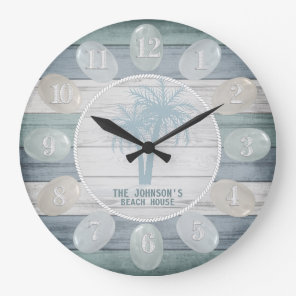 Blue Beach Wood Sea Glass & Palm Trees Large Clock