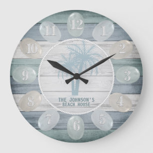Blue Beach Wood Sea Glass & Palm Trees Large Clock