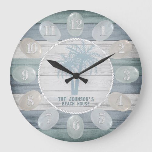 Blue Beach Wood Sea Glass  Palm Trees Large Clock