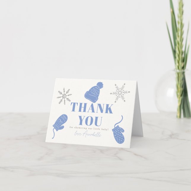 Blue Beanie & Gloves Boy Baby Shower Thank You Card (Front)