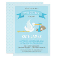 Blue Bear and Stork Baby Shower Invitation