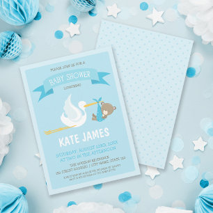 Blue Bear and Stork Baby Shower Invitation