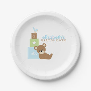 Blue Bear and Toy Blocks Baby Shower Paper Plates