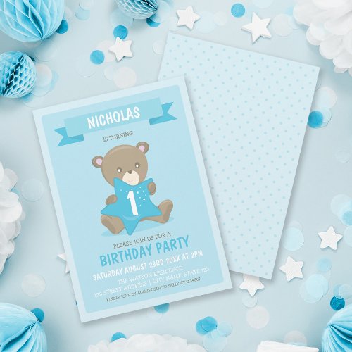 Blue Bear Any Age or First Birthday Invitation