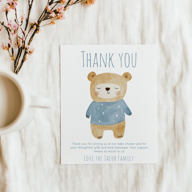 Blue Bear Baby Shower Cute thank you  Card (Simple blue boy sleepy bear "Thank you" baby shower card.)