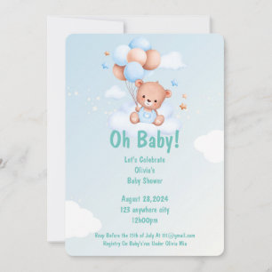 Blue bear baby shower invitation 