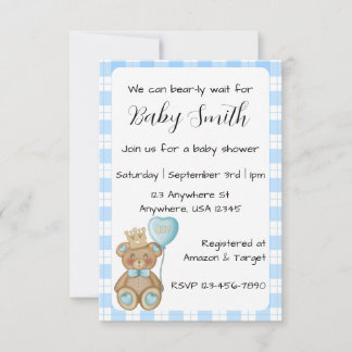 Blue Bear Baby Shower Invitation for Baby Boy