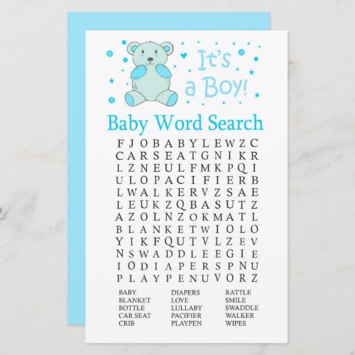 Blue bear Baby Shower Word Search Game
