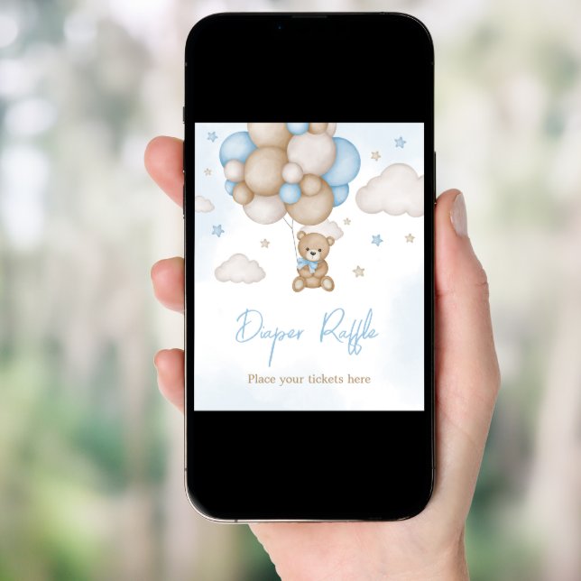 Blue Bear Balloon Baby Shower Diaper Raffle Poster (Front Digital)