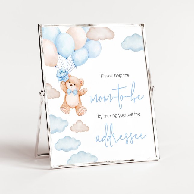 Blue Bear Balloon Baby Shower Envelope Station Poster (Blue Baby Bear Balloon Baby Shower Envelope Station Sign)