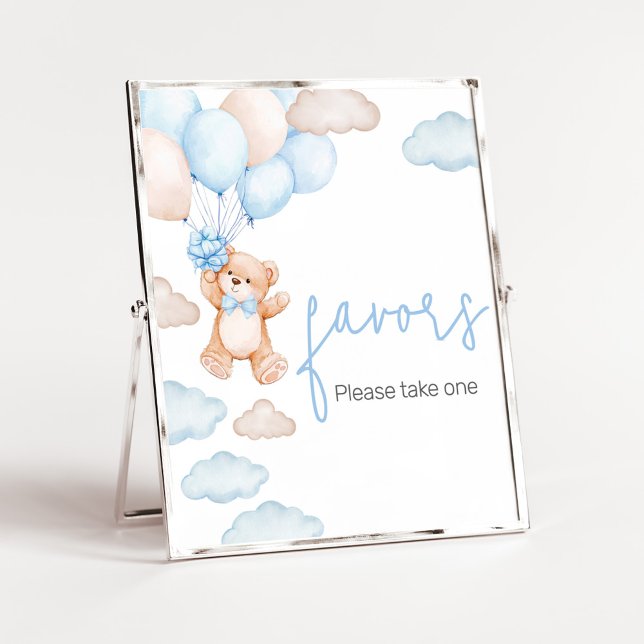 Blue Bear Balloon Baby Shower Favors Poster (Blue Baby Bear Balloon Baby Shower Favors Sign)