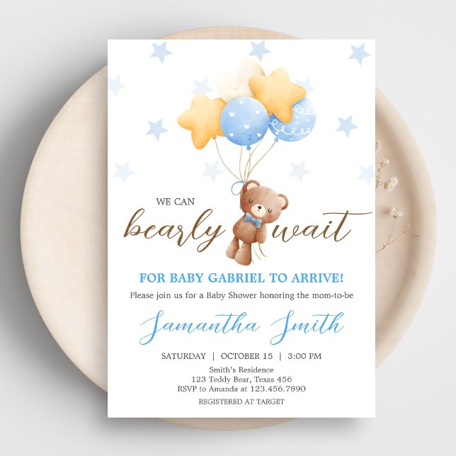 Blue Bear Balloon Baby Shower Invitation (Boy We Can Bearly Wait Balloon Baby Shower Invitation)