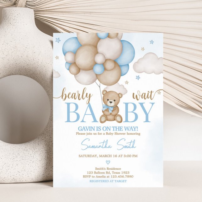 Blue Bear Balloon Baby Shower  Invitation (Teddy Bear Balloon Baby Shower Invitation)