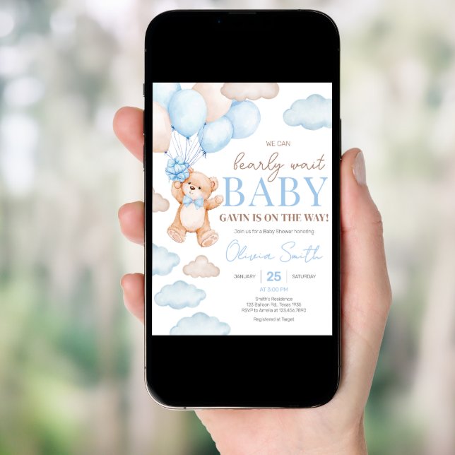 Blue Bear Balloon Baby Shower Invitation (Front Digital)