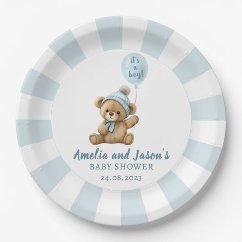 Blue bear balloon baby shower paper plates