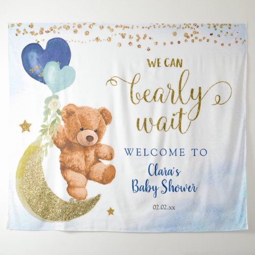 Blue Bear Balloon Baby Shower Sign Tapestry