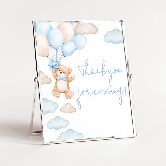 Blue Bear Balloon Baby Shower Thank you for Coming Poster (Blue Baby Bear Balloon Baby Shower Thank you for Coming Sign)