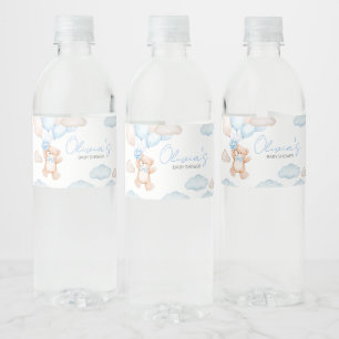 Blue Bear Balloon Baby Shower Water Bottle Label