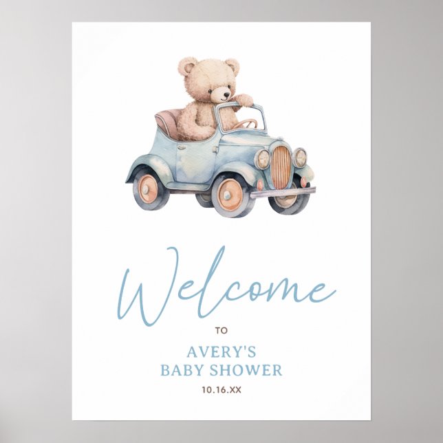 Blue Bear Balloon Baby Shower Welcome Poster (Front)