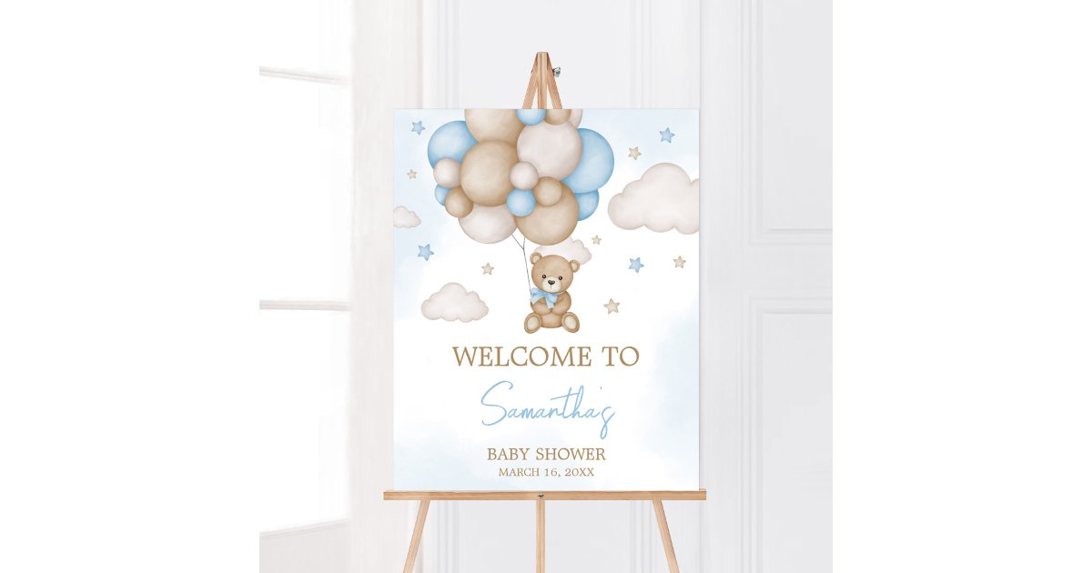 Blue Bear Balloon Baby Shower Welcome Poster | Zazzle