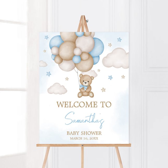 Blue Bear Balloon Baby Shower Welcome Poster (Teddy Bear Balloon Baby Shower Welcome Sign)