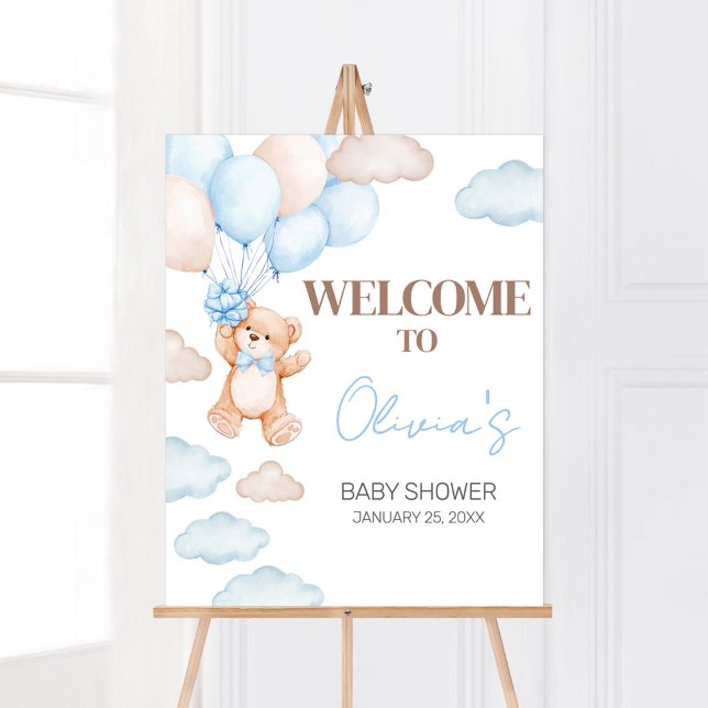 Blue Bear Balloon Baby Shower Welcome Poster (Blue Baby Bear Balloon Baby Shower Welcome Sign)