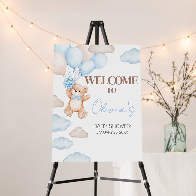 Blue Bear Balloon Baby Shower Welcome Sign (In Situ (Stand))