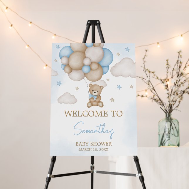 Blue Bear Balloon Baby Shower Welcome Sign (In Situ (Stand))