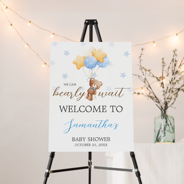Blue Bear Balloon Baby Shower Welcome Sign (In Situ (Stand))