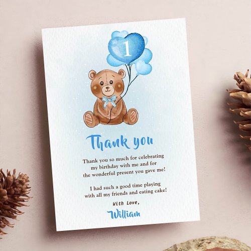 Blue Bear Balloon Birthday Photo Thank You Card